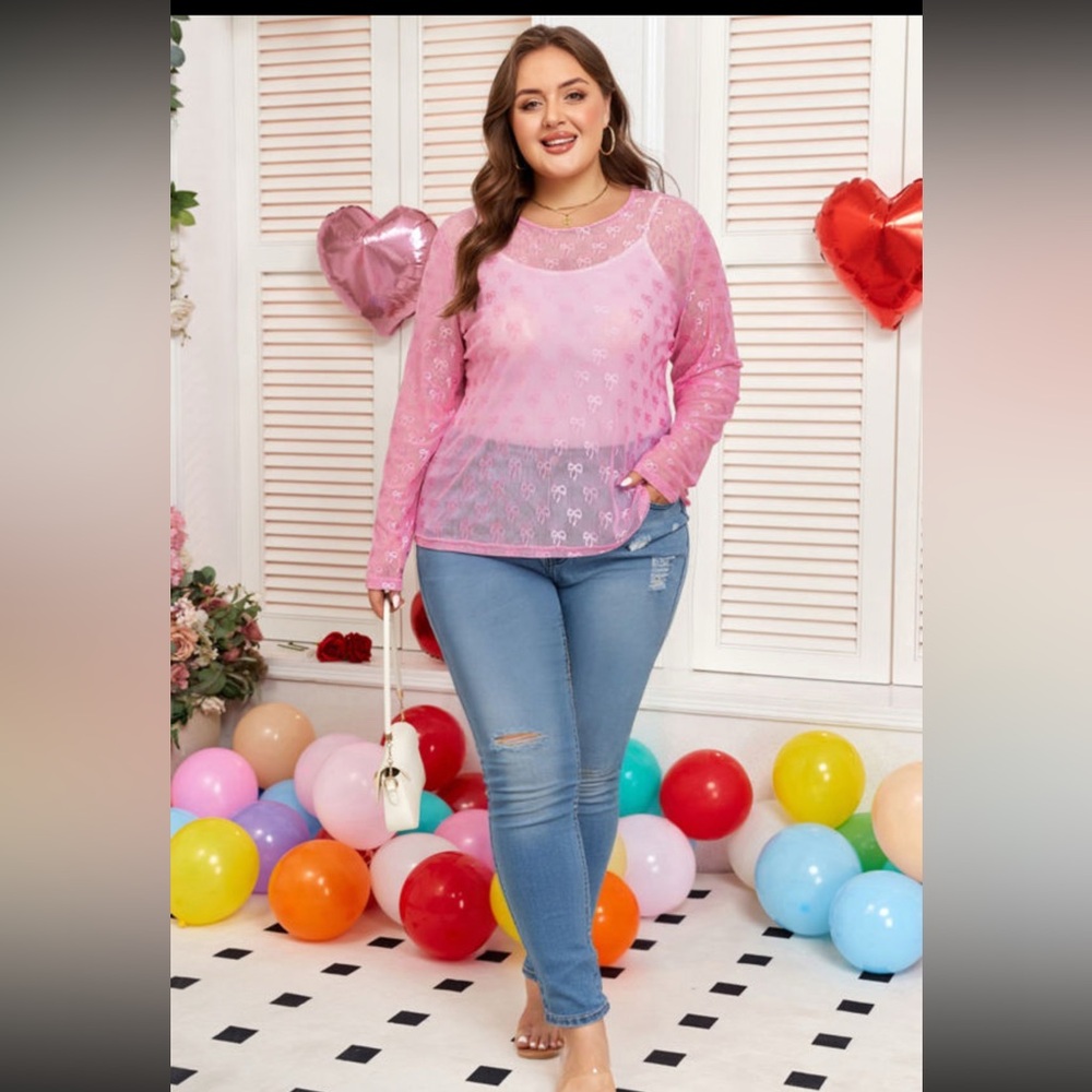 1028. Plus Bow mesh long sleeve sheer top in pink